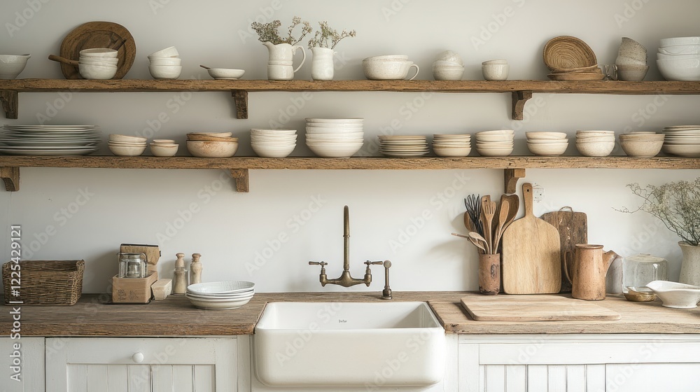 Rustic Kitchen Shelves Displaying White Pottery and Wooden Utensils Rustic Kitchen Shelves Displaying White Pottery and Wooden Utensils