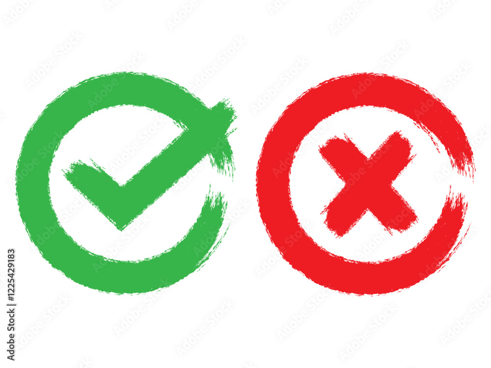 Obraz premium check mark, cross, x mark icon set in green, red, and black colors, Hand drawn right and wrong vector sign in circle brush stroke outline shape. tick mark symbol and x cross sign in brush style