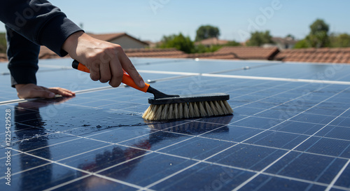 Person Cleaning Solar Panels with Brush and Water