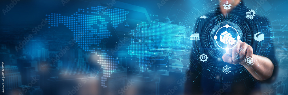 Supply Chain Management. Businessman touching inventory systems logistics software demand forecasting shipping data, supplier networks, warehouse management logistics optimization procurement. Supply Chain Management. Businessman touching inventory systems logistics software demand forecasting shipping data, supplier networks, warehouse management logistics optimization procurement.