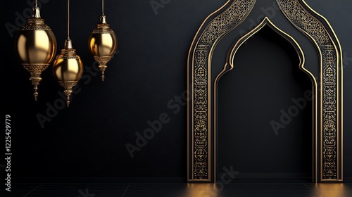 Elegant Golden Lanterns and Ornate Black Archway