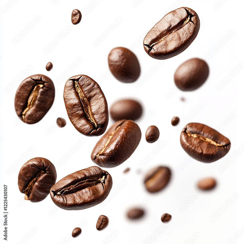 Falling coffee beans isolated on a white background 