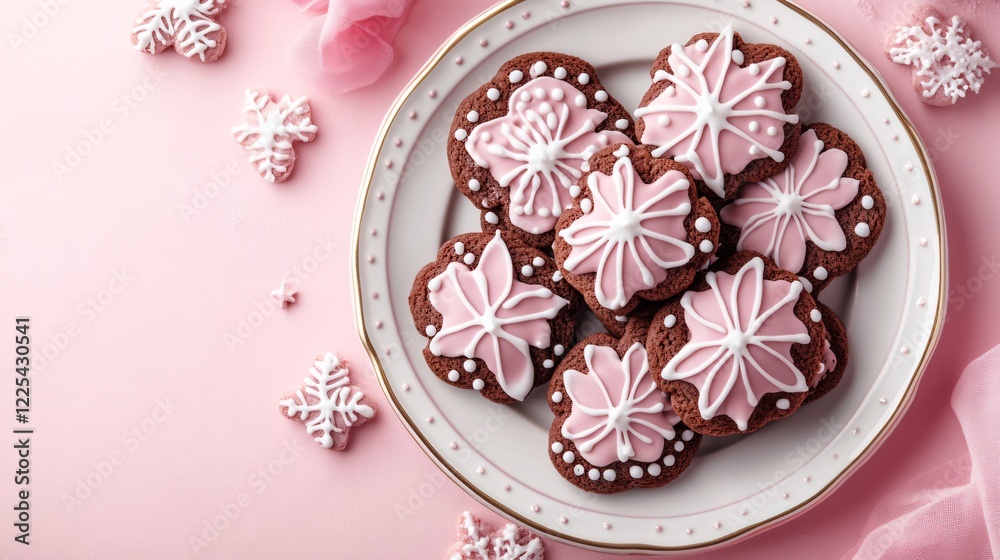 A decorative plate of strawberry chocolate cookies with intricate icing designs, isolated on a pastel pink background A decorative plate of strawberry chocolate cookies with intricate icing designs, isolated on a pastel pink background