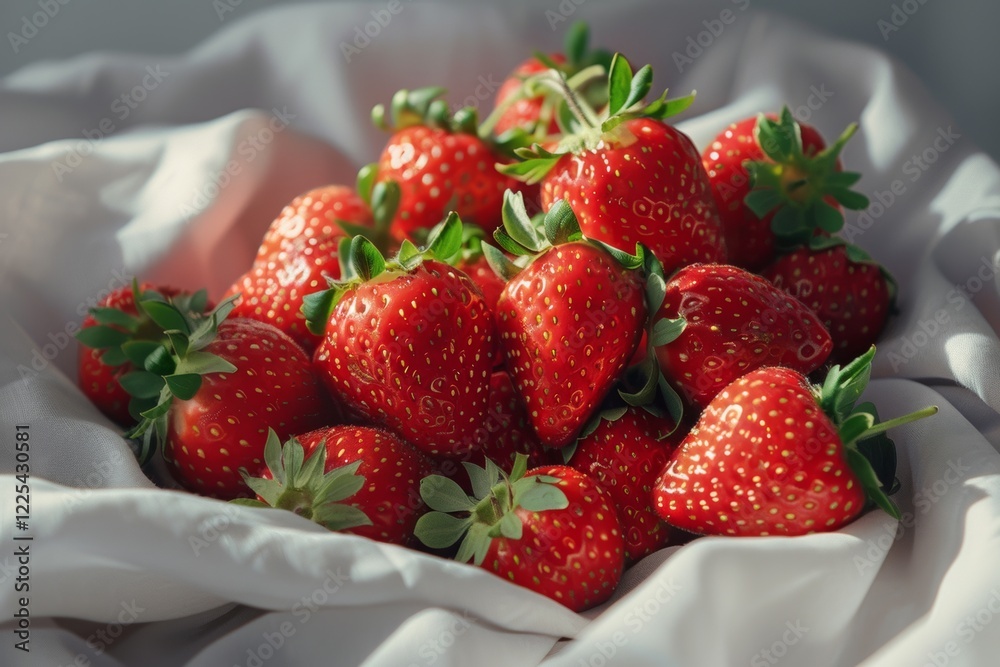 A pile of ripe strawberries nestled in soft fabric bathed in sunlight A pile of ripe strawberries nestled in soft fabric bathed in sunlight
