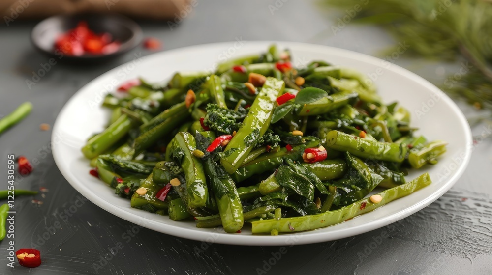 Bitter gourd vegetables cooked in a stir-fry, presented on white plate Bitter gourd vegetables cooked in a stir-fry, presented on white plate