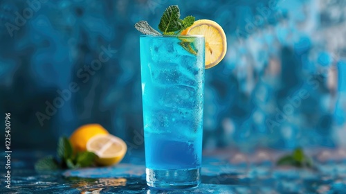 Blue kamikaze drink in tall glass garnished with mint and lemon slice