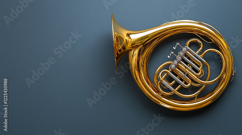 Golden French horn on minimalist background, showcasing elegance