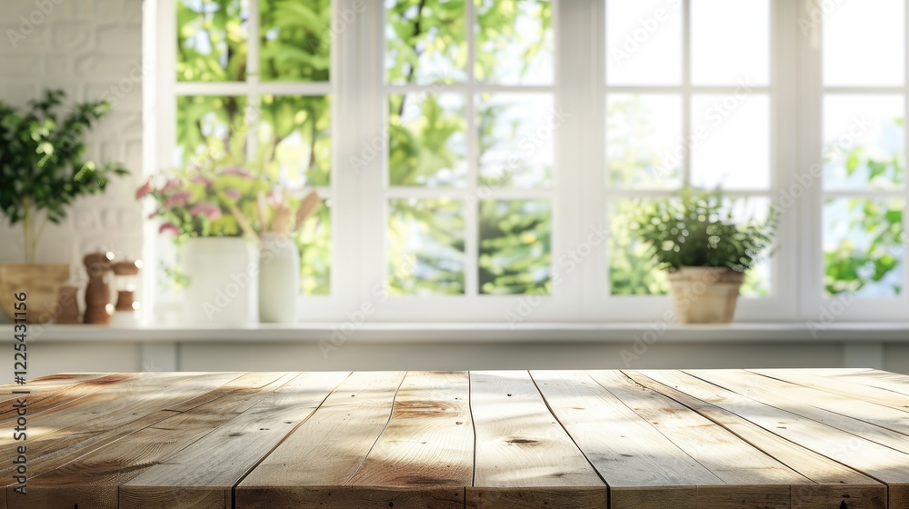 Blurred kitchen window backdrop with wooden table and space for text