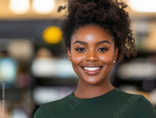 Customer service representative assisting a client, smiling and exuding professionalism