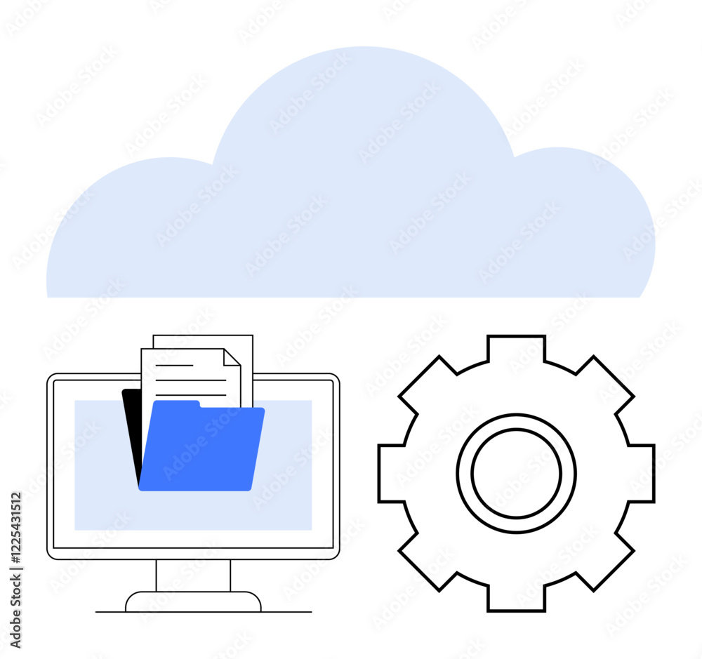 Folder with files on a computer screen, gear icon, cloud overhead. Ideal for cloud storage, data management, online services, digital transformation, system settings, IT operations abstract line Folder with files on a computer screen, gear icon, cloud overhead. Ideal for cloud storage, data management, online services, digital transformation, system settings, IT operations abstract line