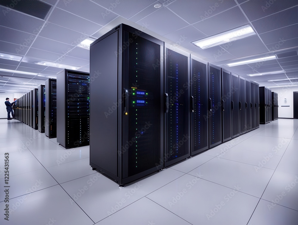 Sleek IT office with rows of servers and employees monitoring digital infrastructure Sleek IT office with rows of servers and employees monitoring digital infrastructure