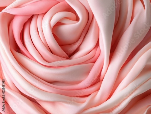 Soft Blush Pink Fabric Drapery Forming Beautiful Rose Flower Shape in Close-Up for Fashion, Home Decor, and Artistic Textile Backgrounds photo