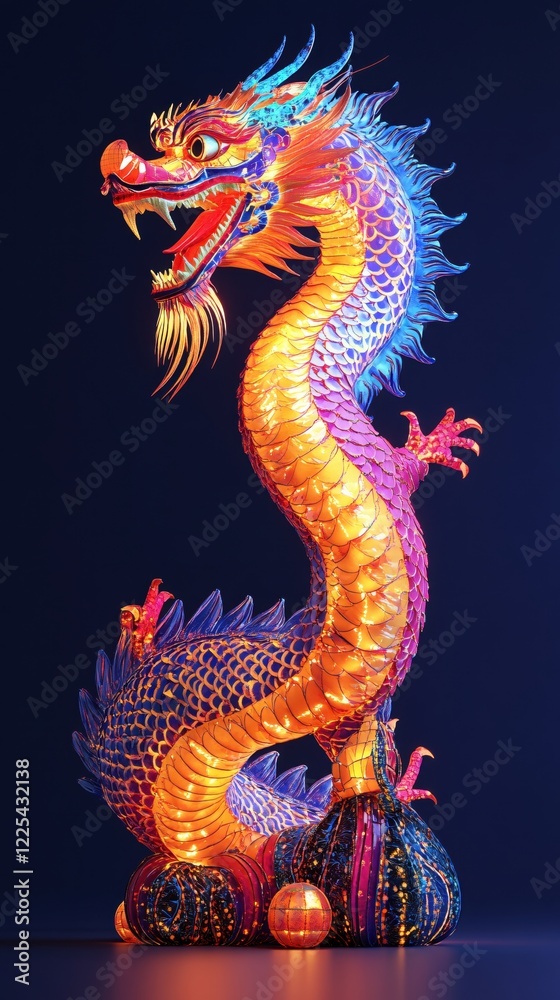 Obraz premium Vibrant Chinese Dragon Lantern with Scales and Glowing Light on Dark Background