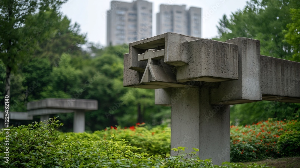 Concrete Sculpture in a Lush Green Park Concrete Sculpture in a Lush Green Park