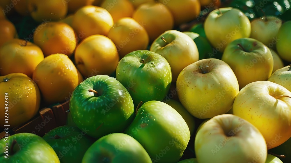 Close-up of apples in green and yellow on market stall. Close-up of apples in green and yellow on market stall.