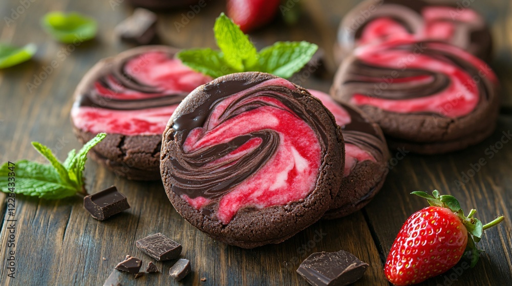 Cookies with a strawberry chocolate marble effect, styled with fresh mint leaves, isolated on a rustic wooden table Cookies with a strawberry chocolate marble effect, styled with fresh mint leaves, isolated on a rustic wooden table