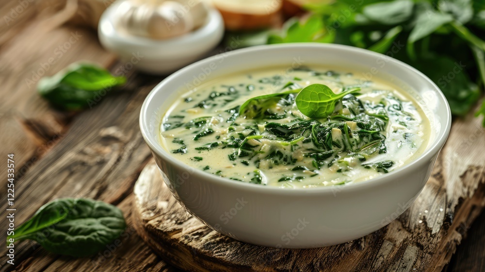 Creamy spinach dish served in white bowl on wooden backdrop Creamy spinach dish served in white bowl on wooden backdrop