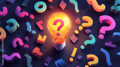 A glowing light bulb surrounded by colorful question marks and doddles on a dark gradient background.
