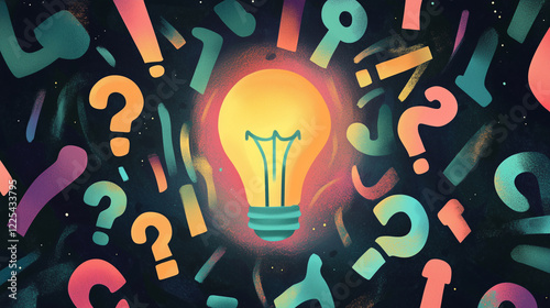 A glowing light bulb surrounded by colorful question marks and doddles on a dark gradient background.
