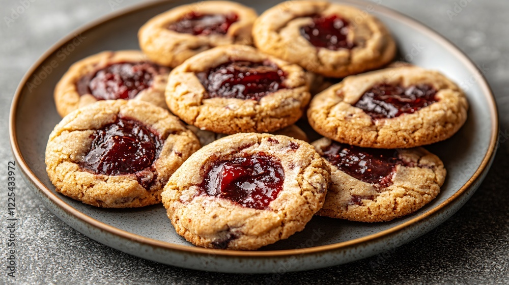 Cookies with alternating strawberry jam and chocolate centers, styled on a round ceramic plate, isolated on gray background Cookies with alternating strawberry jam and chocolate centers, styled on a round ceramic plate, isolated on gray background