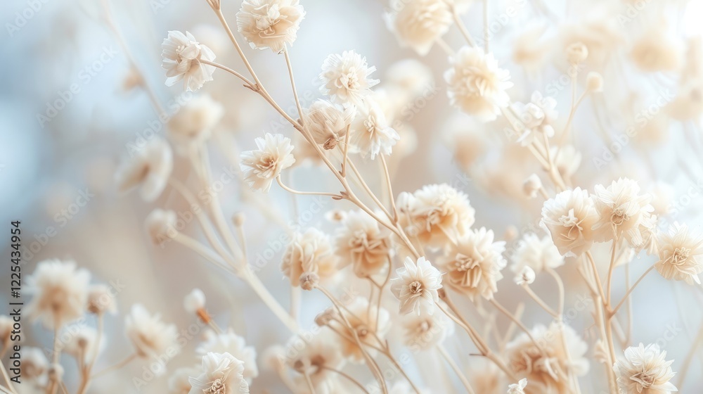 Fluffy dried beige flowers and white fluff buds on light blurred background, close-up Fluffy dried beige flowers and white fluff buds on light blurred background, close-up