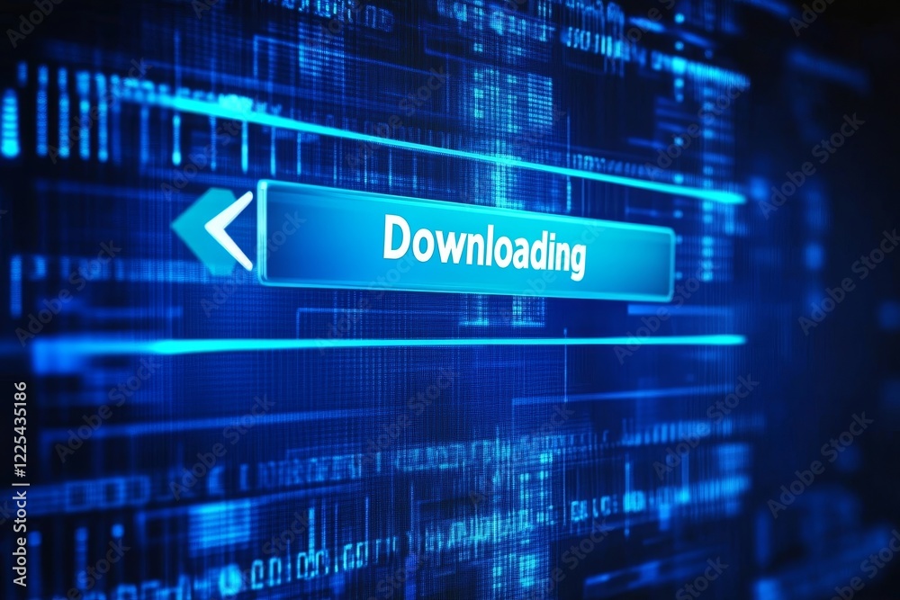 Progress bar showing downloading status on a vivid blue digital backdrop illustrating modern technology in action Progress bar showing downloading status on a vivid blue digital backdrop illustrating modern technology in action