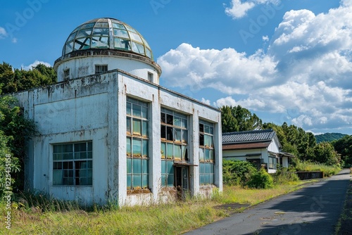 Abandoned building with broken windows and overgrown vegetation under a bright blue sky depicting the passage of time and nature s reclamation photo