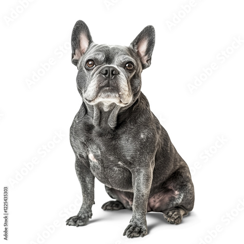 Senior gray french bulldog sitting, isolated on white background. Isolated, transparent, png.