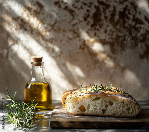 Handmade bread making process. Split photo of olive oil, flour, herbs and ready crisp bread. Italian bakery photo