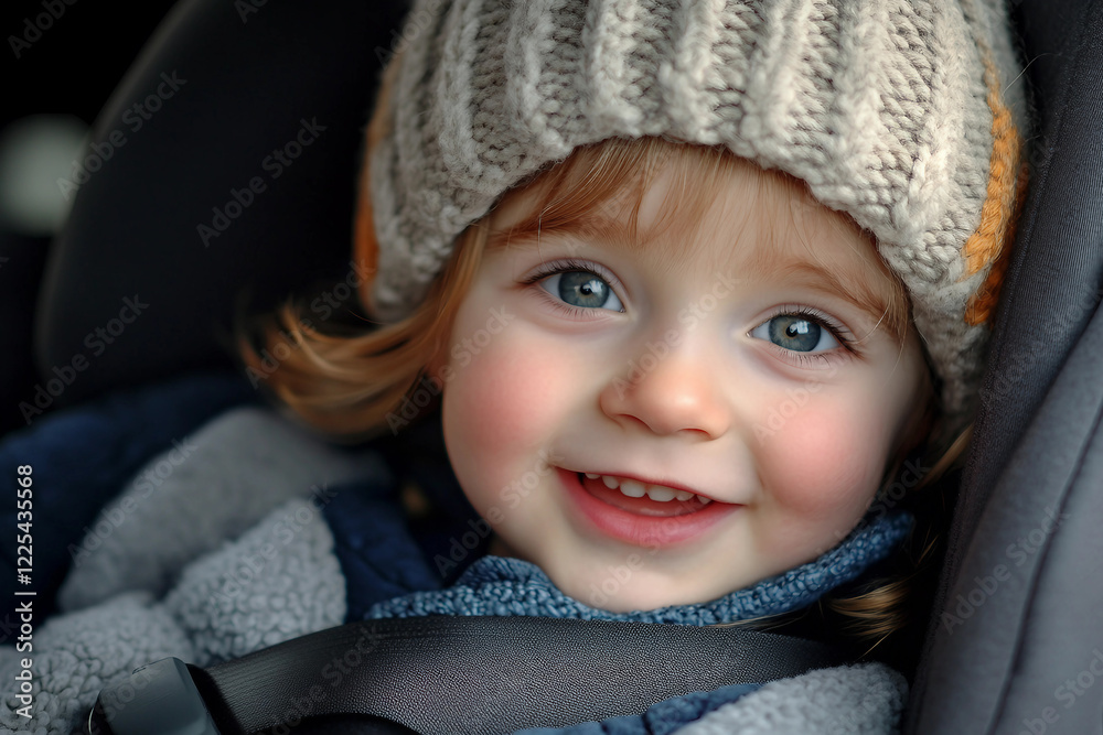 Generative AI depiction of happy baby in car seat, showcasing safety and travel for young children Generative AI depiction of happy baby in car seat, showcasing safety and travel for young children