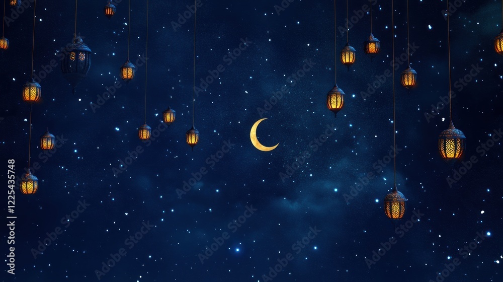 Illuminated Lanterns Hanging Against A Night Sky Illuminated Lanterns Hanging Against A Night Sky