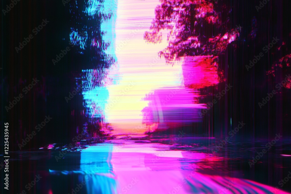 Fototapeta premium Digital distortion reveals an otherworldly landscape through glitch art techniques and vibrant colorplays in an urban setting