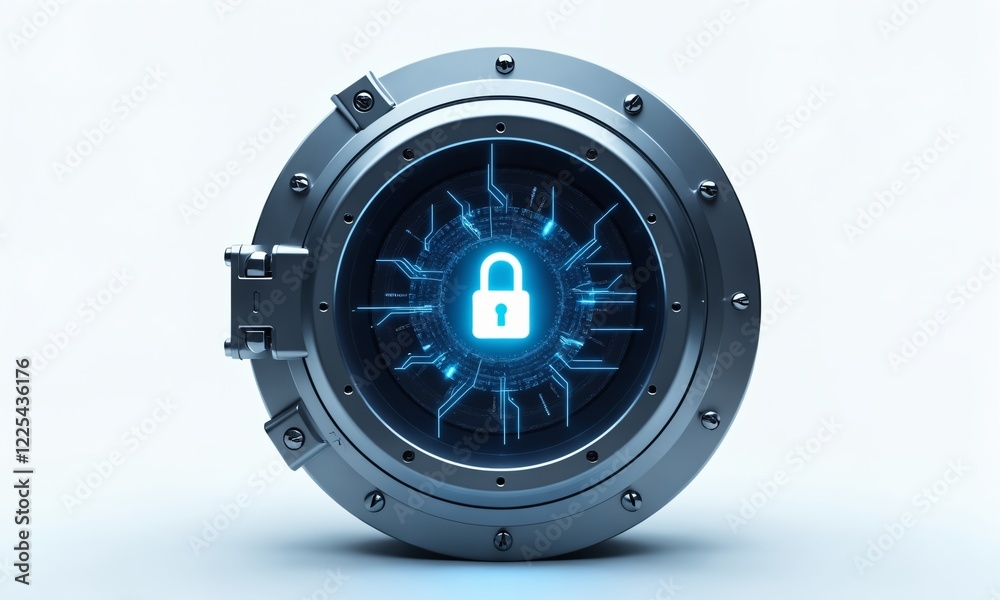 A futuristic data protection device, designed as a circular steel vault with glowing neon-blue digital circuits, displaying a holographic lock symbol at its center, on a clean white background. A futuristic data protection device, designed as a circular steel vault with glowing neon-blue digital circuits, displaying a holographic lock symbol at its center, on a clean white background.