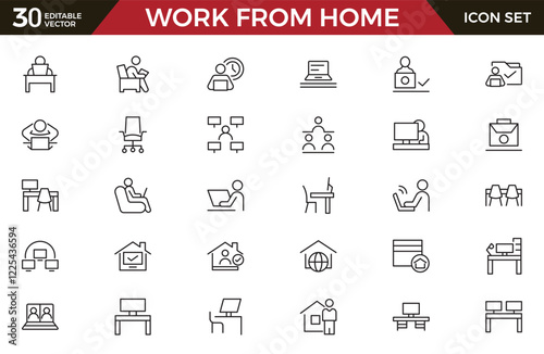 Work from home line icon set. Contains such Icons as a freelancer, Remote work, Coworking, Video Conference, hybrid work, digital nomad, and Remote work line icon set. UI thin line icon pack.