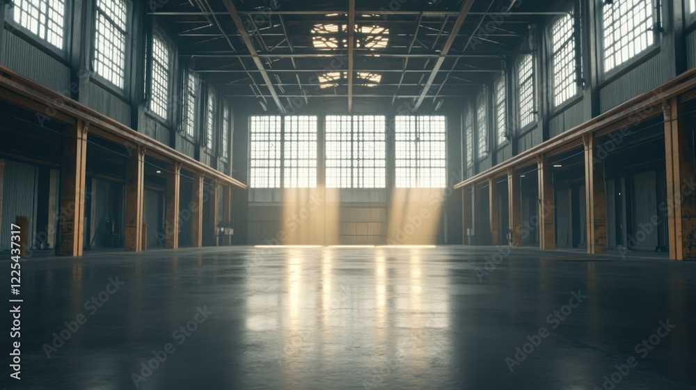 Sunlight streams into a large industrial warehouse space Sunlight streams into a large industrial warehouse space