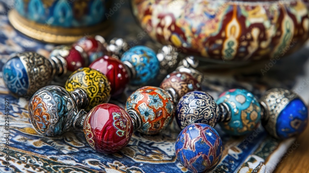Ornate beaded bracelet rests on patterned fabric Ornate beaded bracelet rests on patterned fabric