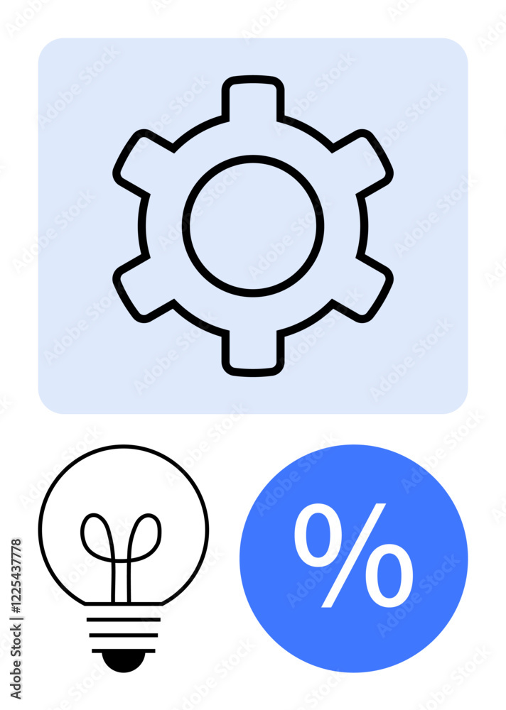 Gear icon in blue square, light bulb, and percentage symbol in blue circle. Ideal for technology, engineering, creativity, innovation, ideas efficiency and strategic planning themes. Minimalist Gear icon in blue square, light bulb, and percentage symbol in blue circle. Ideal for technology, engineering, creativity, innovation, ideas efficiency and strategic planning themes. Minimalist