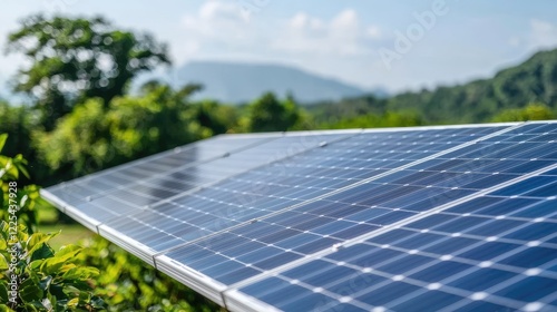 Solar panels generating clean energy in rural landscape photo