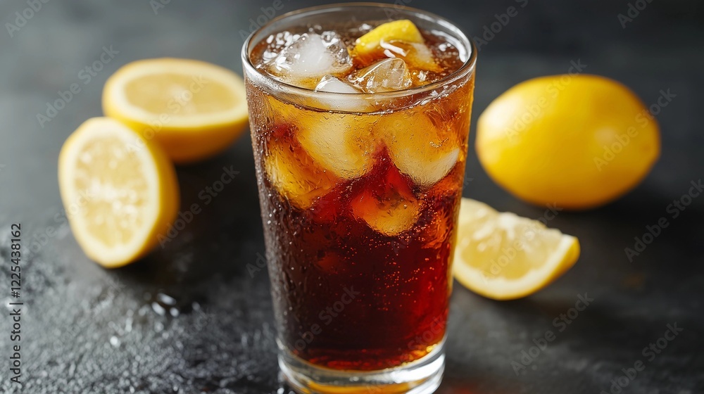 A glass of iced tea with lemon slices on the side A glass of iced tea with lemon slices on the side