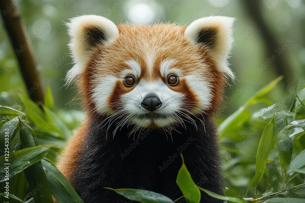 Naklejka premium Red panda cub exploring a dense forest in its natural habitat