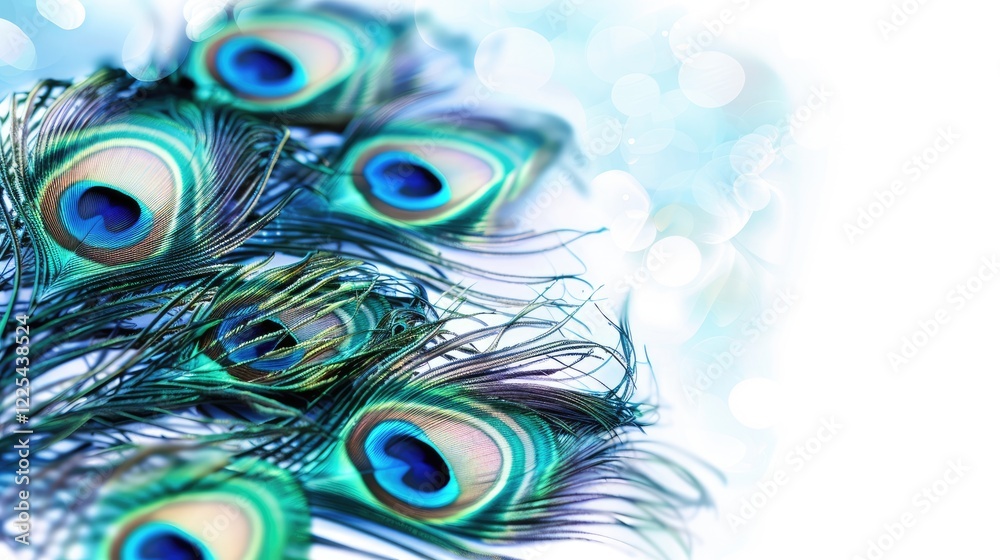Obraz premium Peacock feathers with blurred effect on white backdrop