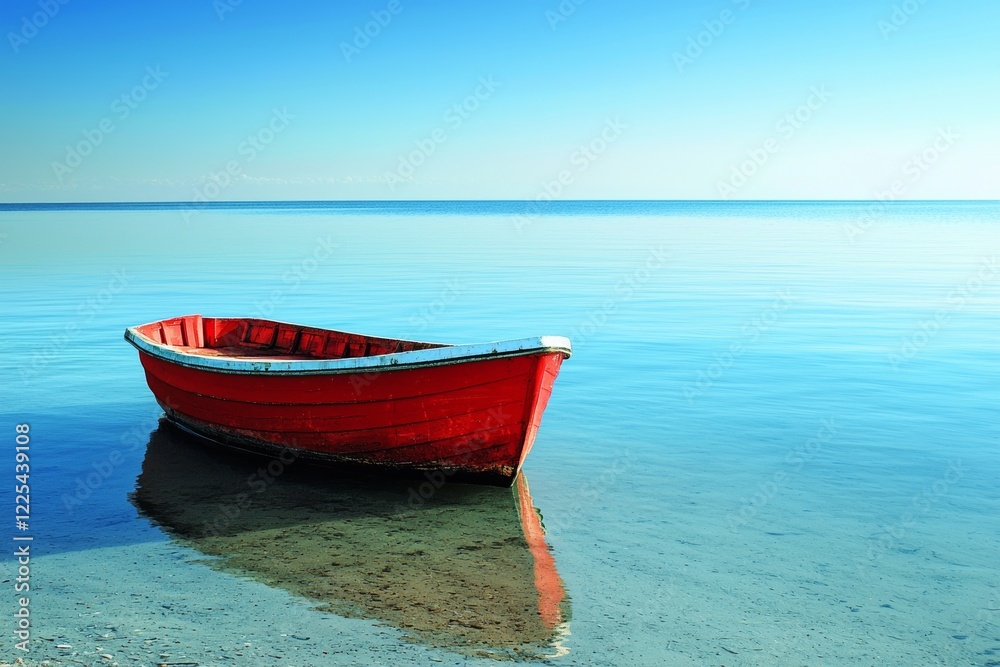 Solitary red boat gently resting on tranquil clear water under a bright sky Solitary red boat gently resting on tranquil clear water under a bright sky