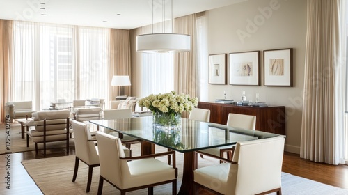 Modern Elegant Dining Room With Glass Table And White Chairs
