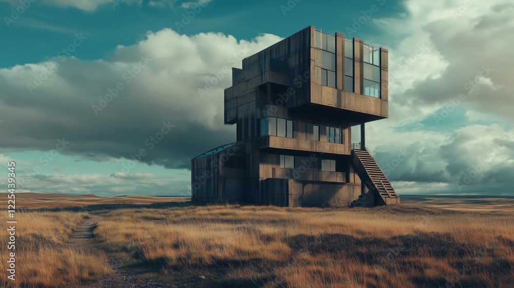 Obraz premium A large, old building sits in a field of dry grass