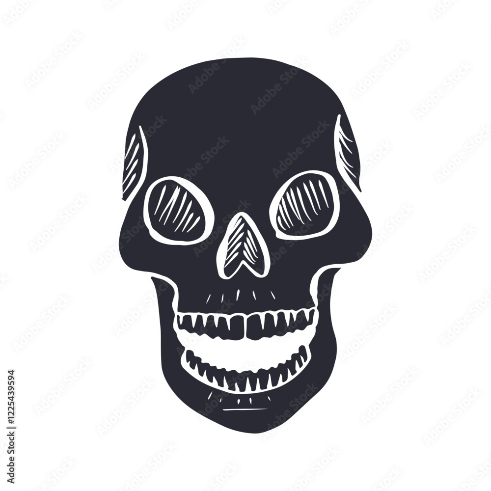 Fototapeta premium Hand drawn black silhouette human skull isolated on white background. Monochrome skeleton head desig