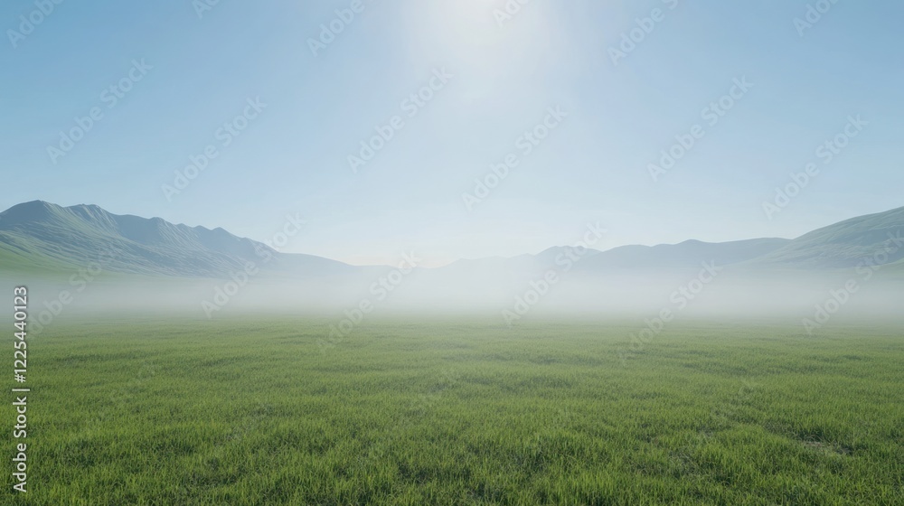 Serene Green Field With Misty Mountains In Background Serene Green Field With Misty Mountains In Background