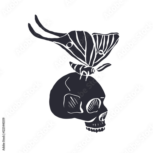 Hand drawn black silhouette of human skull with luna moth sitting on top isolated on white background. Monochrome Bohemian skeleton head with butterfly design