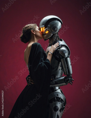 Futuristic portrait of a young tender woman in long black flowing dress and a metallic AI humanoid robot embracing and kissing against dark magenta background. Studio shot of a cyber loving couple