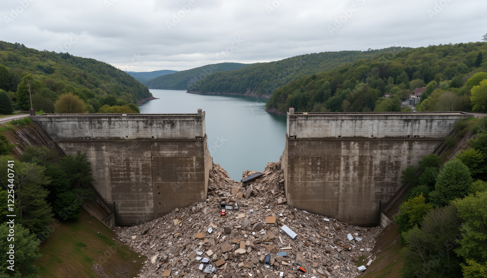 Abandoned broken dam in countryside, symbolism of ruin