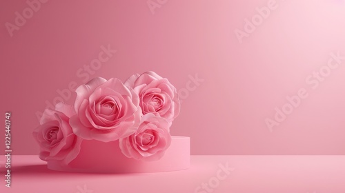 Wallpaper Mural Spring-themed mockup with pink roses on a podium against a pink background, ideal for showcasing cosmetic or advertising products. Torontodigital.ca